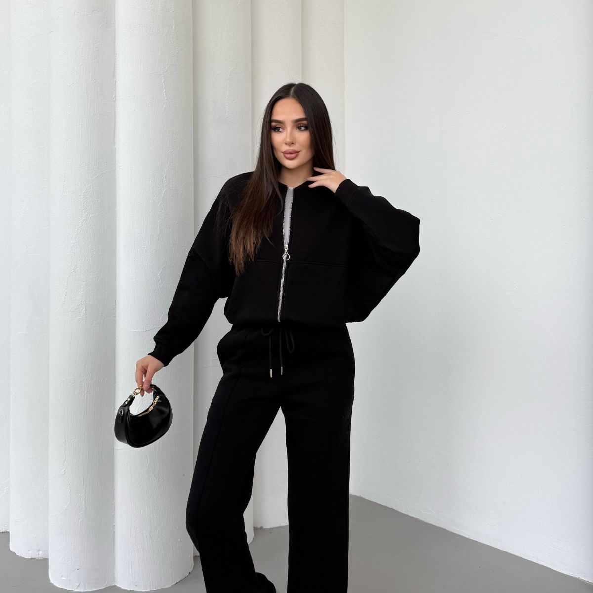 Kadın Şardonlu Fermuar Detaylı Üç Iplik Kışlık Eşofman Takımı