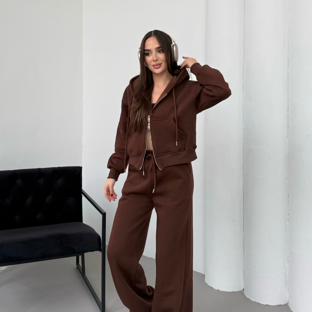 Kadın Çift Fermuar Detaylı Kapüşonlu Kışlık Şardonlu Oversize Eşofman Takımı