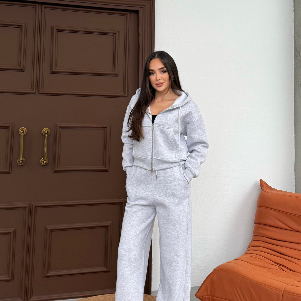 Kadın Çift Fermuar Detaylı Kapüşonlu Kışlık Şardonlu Oversize Eşofman Takımı