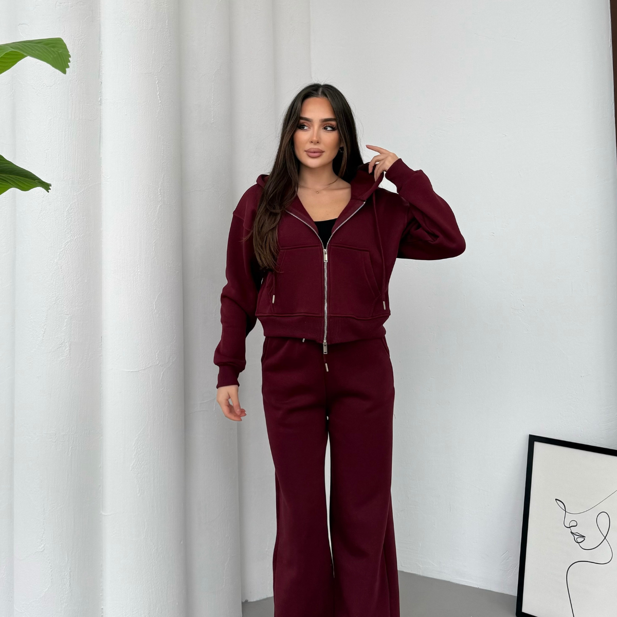 Kadın Çift Fermuar Detaylı Kapüşonlu Kışlık Şardonlu Oversize Eşofman Takımı