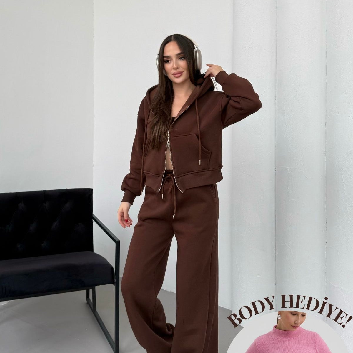 Kadın Çift Fermuar Detaylı Kapüşonlu Kışlık Şardonlu Oversize Eşofman Takımı