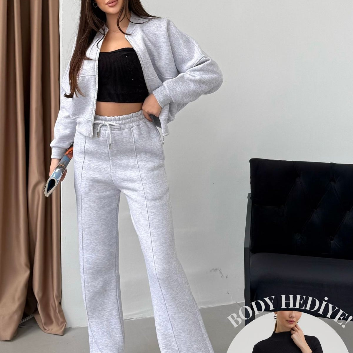 Kadın Şardonlu Fermuar Detaylı Üç Iplik Kışlık Eşofman Takımı