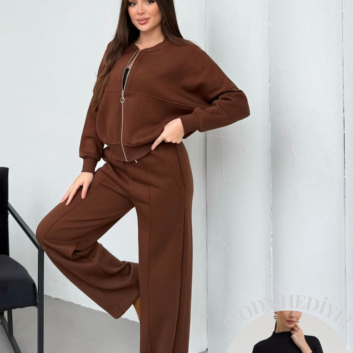 Kadın Şardonlu Fermuar Detaylı Üç Iplik Kışlık Eşofman Takımı