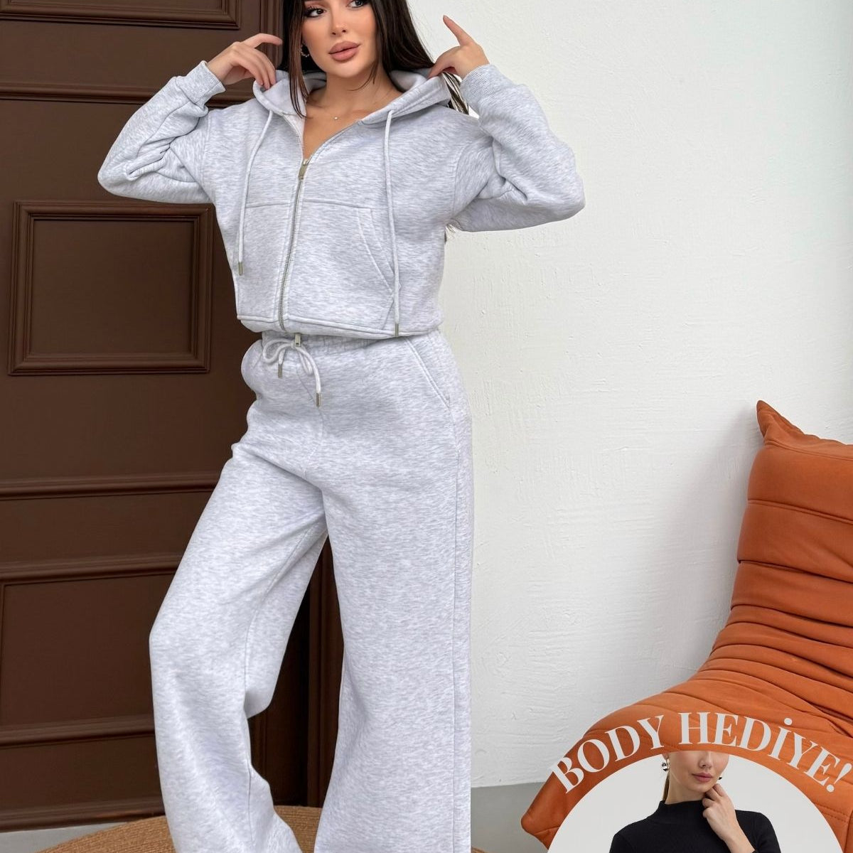 Kadın Çift Fermuar Detaylı Kapüşonlu Kışlık Şardonlu Oversize Eşofman Takımı