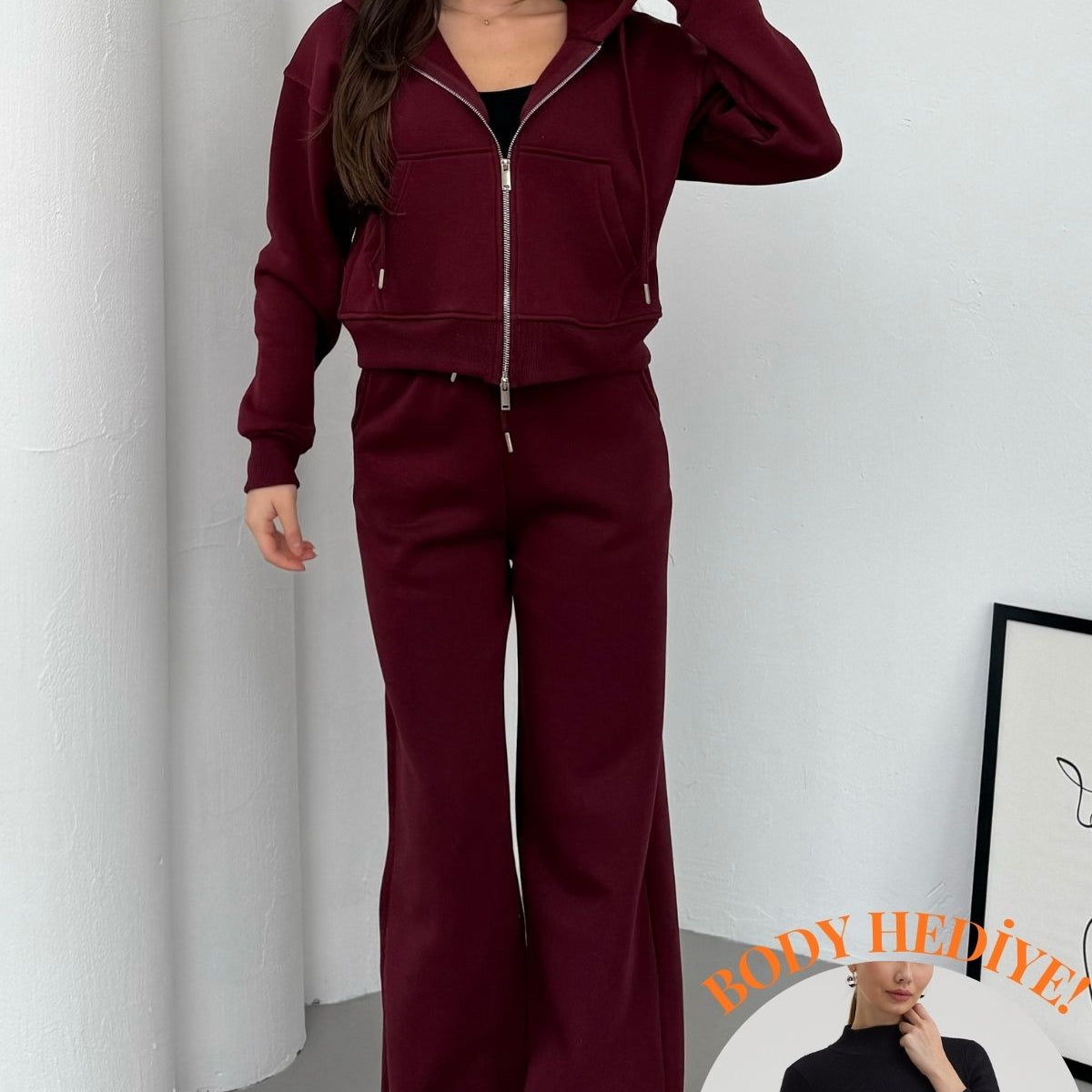 Kadın Çift Fermuar Detaylı Kapüşonlu Kışlık Şardonlu Oversize Eşofman Takımı