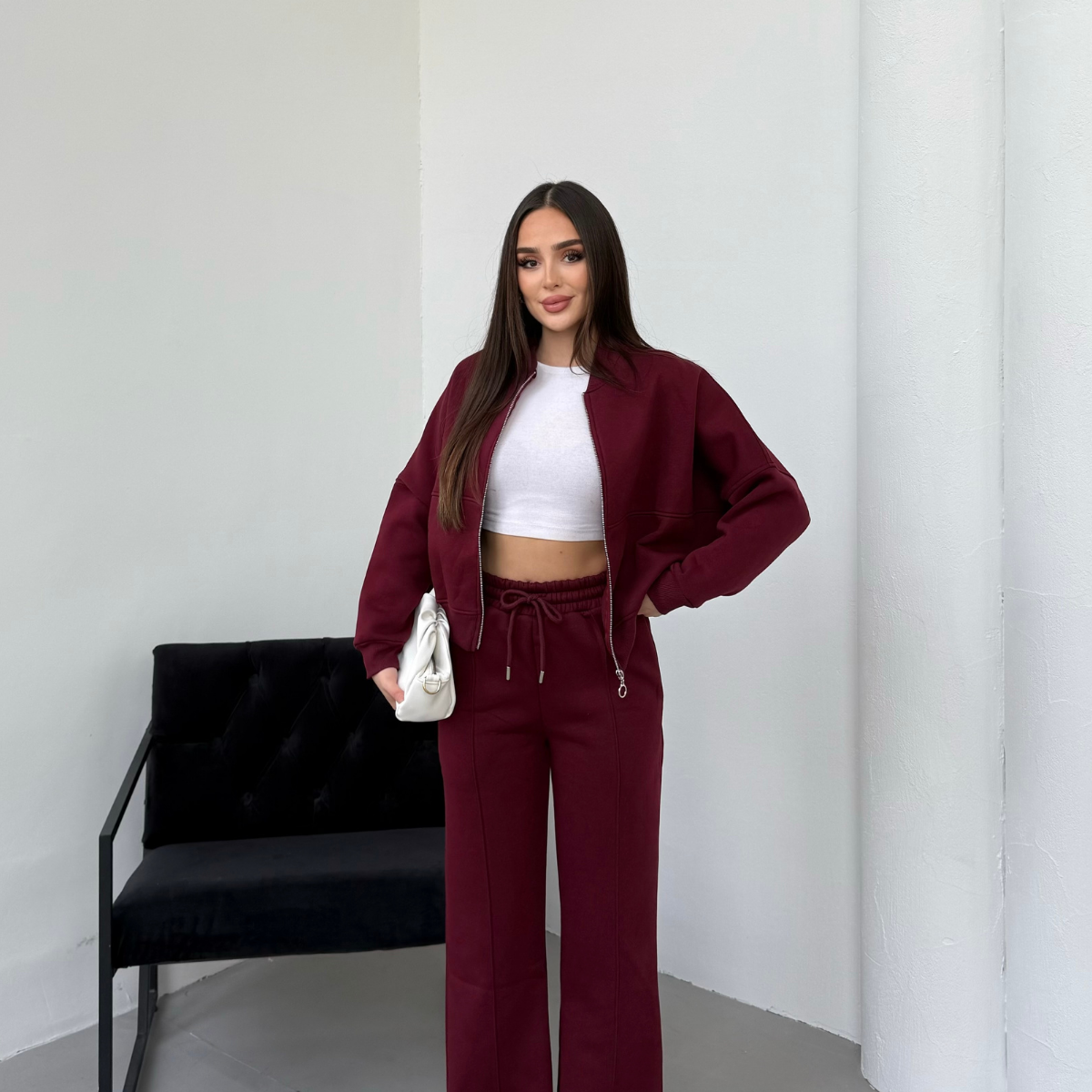 Kadın Şardonlu Fermuar Detaylı Üç Iplik Kışlık Eşofman Takımı