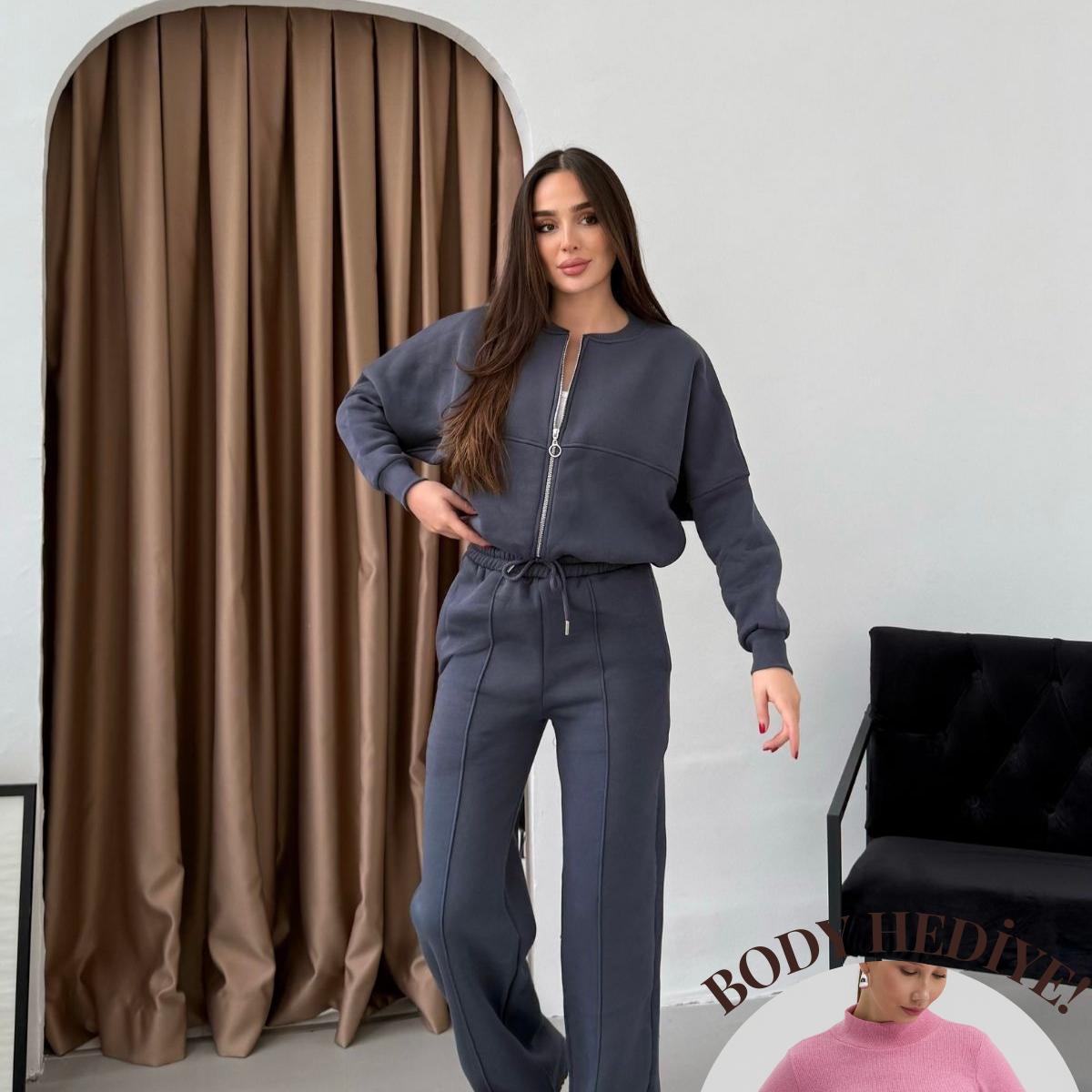 Kadın Şardonlu Fermuar Detaylı Üç Iplik Kışlık Eşofman Takımı