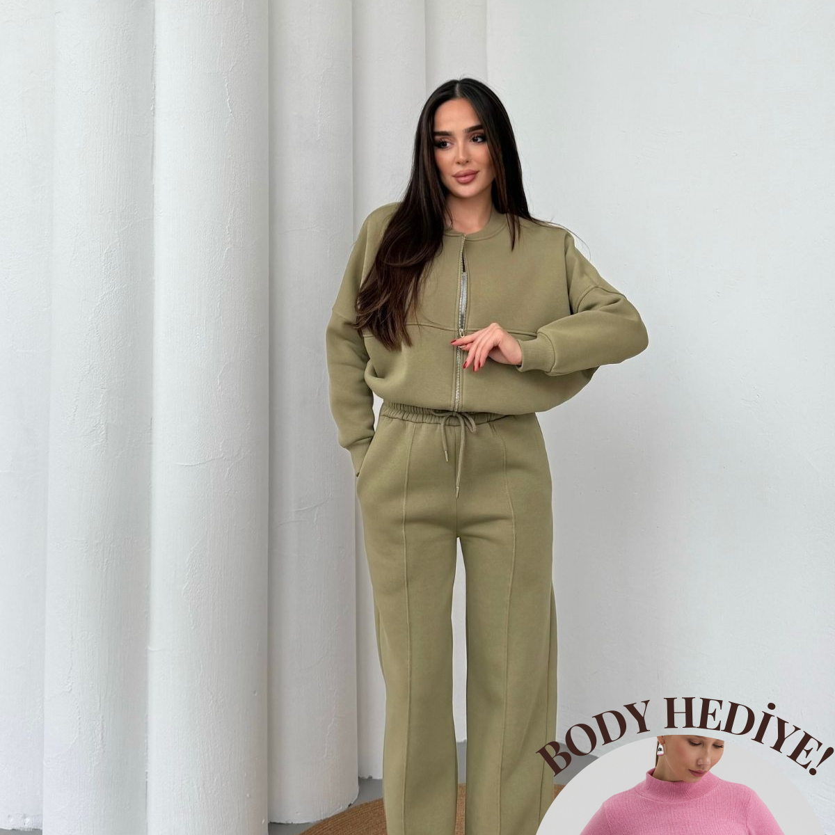 Kadın Şardonlu Fermuar Detaylı Üç Iplik Kışlık Eşofman Takımı