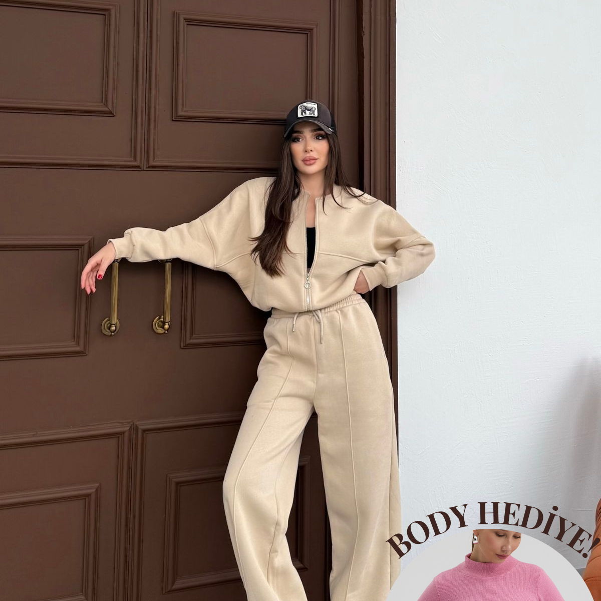 Kadın Şardonlu Fermuar Detaylı Üç Iplik Kışlık Eşofman Takımı