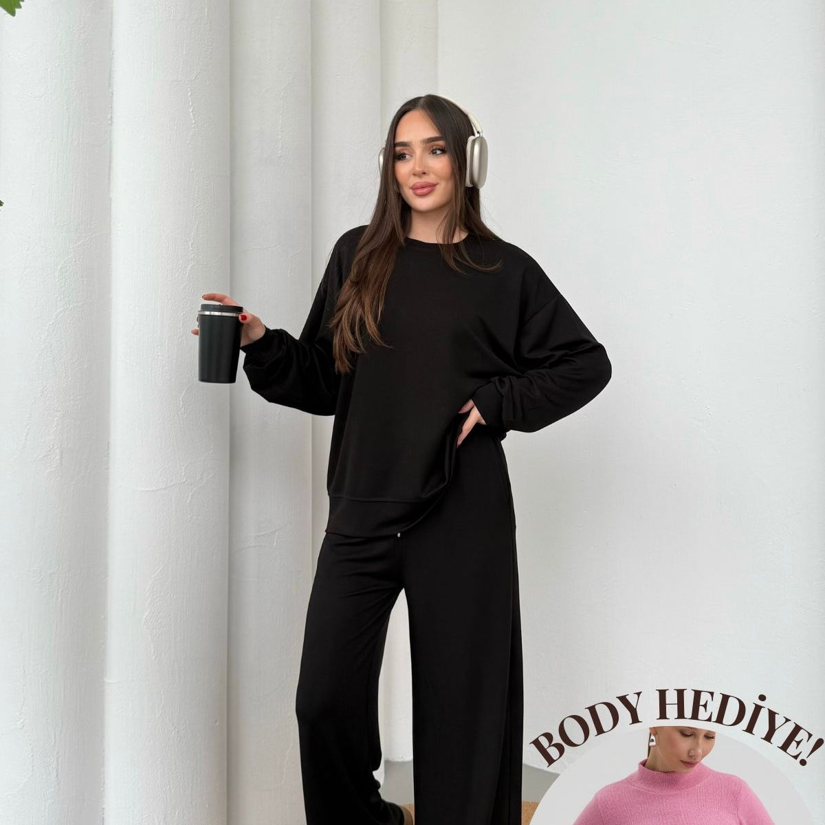 Basic Yumuşak Premium Kumaş Uzun Beli Lastikli Bol Paça Modal Alt-Üst Takım