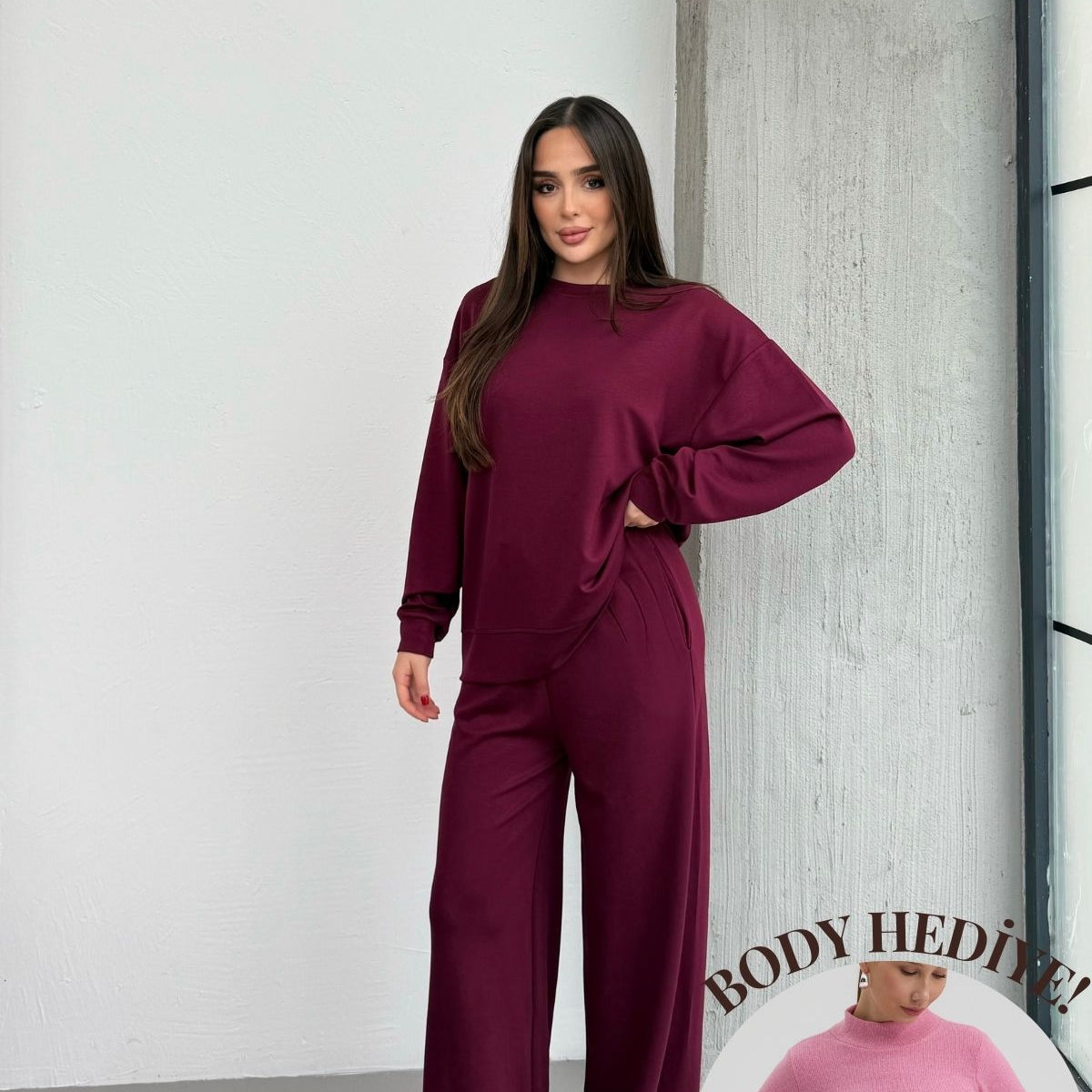 Basic Yumuşak Premium Kumaş Uzun Beli Lastikli Bol Paça Modal Alt-Üst Takım