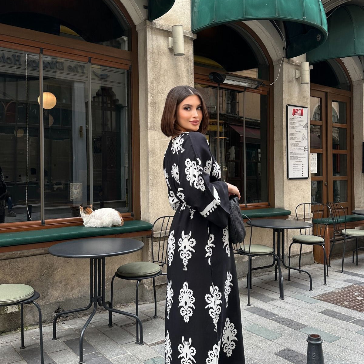 Etnik Desenli Viskon Uzun Kollu Siyah Elbise