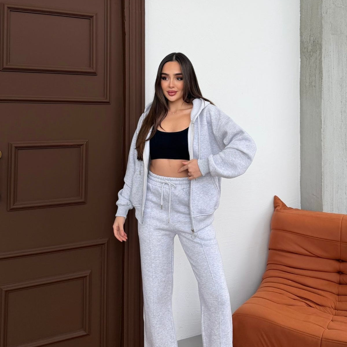 İçi Polar Rahat Kesim Kapüşonlu Fermuarlı Eşofman Takımı