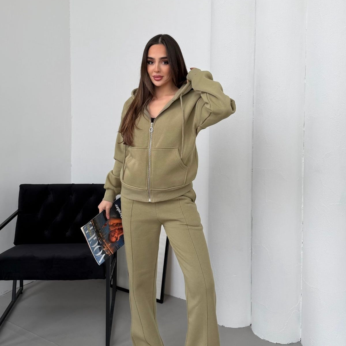 İçi Polar Rahat Kesim Kapüşonlu Fermuarlı Eşofman Takımı