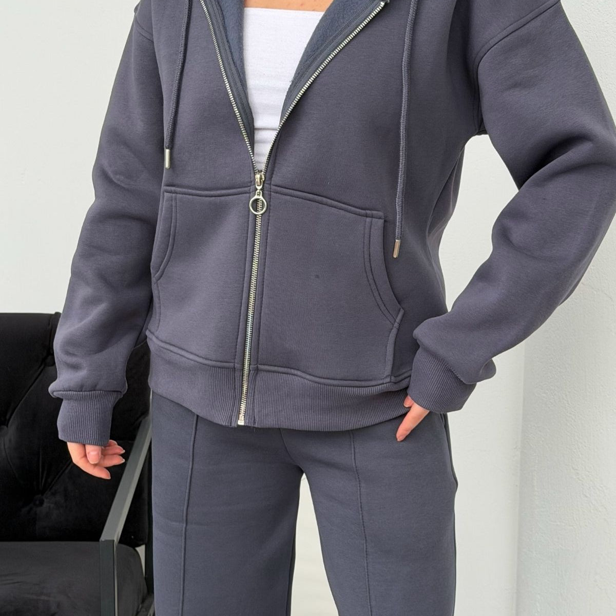 İçi Polar Rahat Kesim Kapüşonlu Fermuarlı Eşofman Takımı