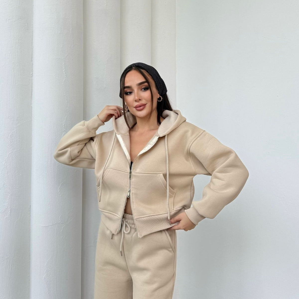 Kadın Çift Fermuar Detaylı Kapüşonlu Kışlık Şardonlu Oversize Eşofman Takımı