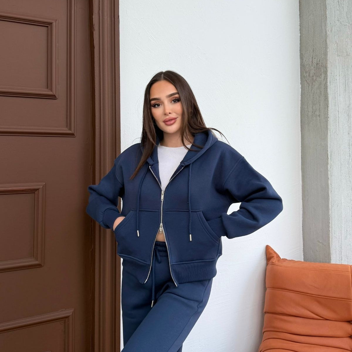 Kadın Çift Fermuar Detaylı Kapüşonlu Kışlık Şardonlu Oversize Eşofman Takımı