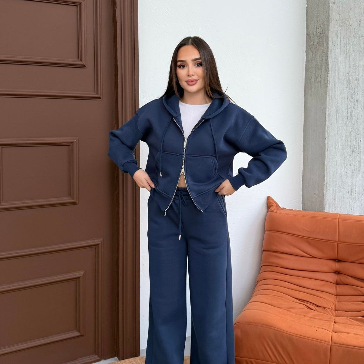 Kadın Çift Fermuar Detaylı Kapüşonlu Kışlık Şardonlu Oversize Eşofman Takımı