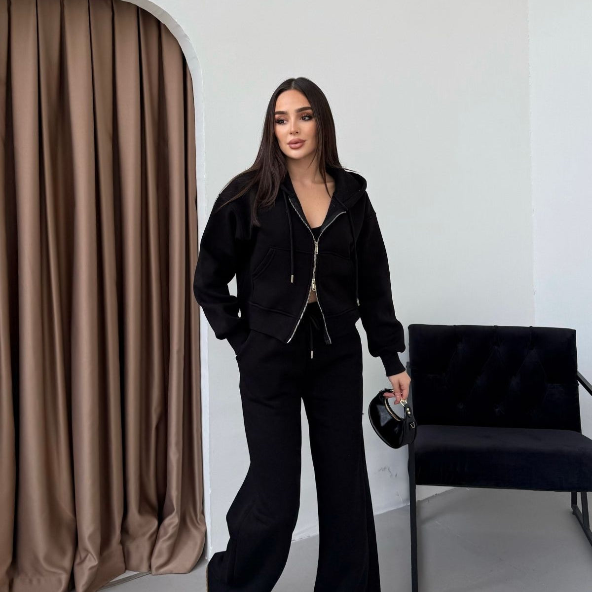 Kadın Çift Fermuar Detaylı Kapüşonlu Kışlık Şardonlu Oversize Eşofman Takımı