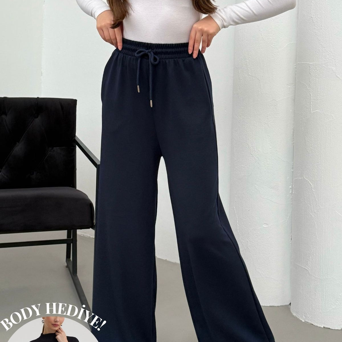 Yüksek Bel Cepli Rahat Form Modal Touch Geniş Paça Kadın Eşofman Alt