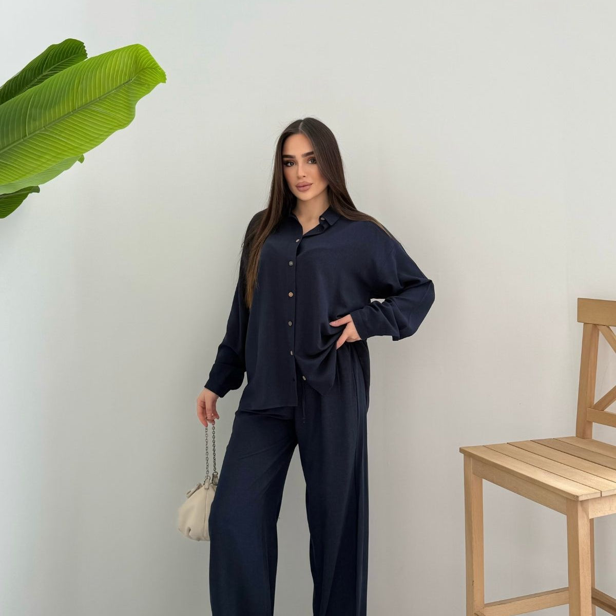 Kadın İkili Rahat Kesim Keten Gömlek Pantolon Alt Üst Takım
