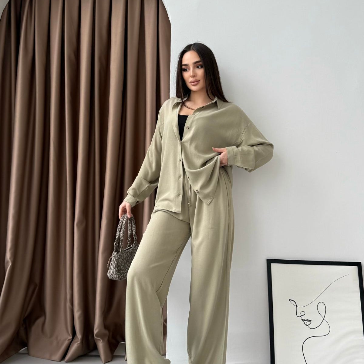 Kadın İkili Rahat Kesim Keten Gömlek Pantolon Alt Üst Takım