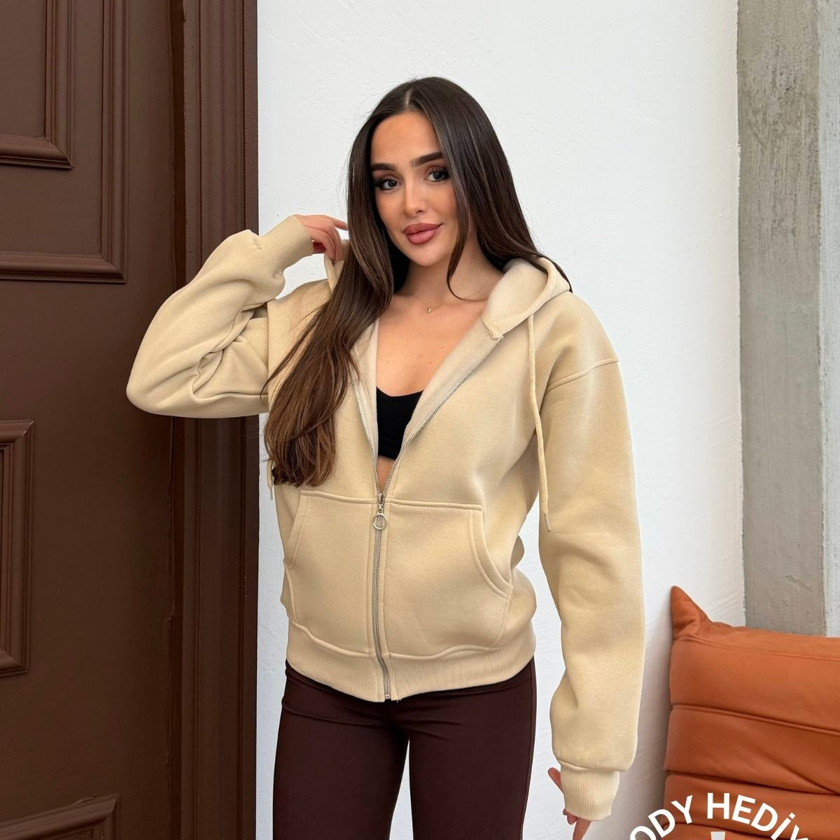 Kadın Kapüşonlu Bağcıklı Sweatshirt Fermuarlı 3 İplik Şardonlu Rahat Kesim