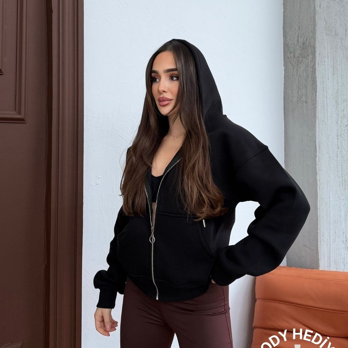 Kadın Kapüşonlu Bağcıklı Sweatshirt Fermuarlı 3 İplik Şardonlu Rahat Kesim