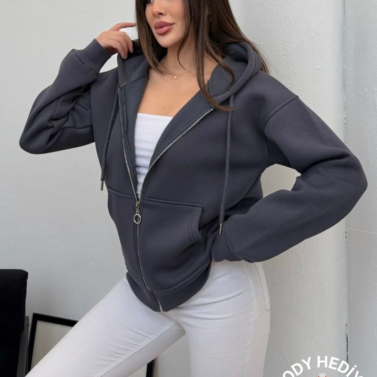 Kadın Kapüşonlu Bağcıklı Sweatshirt Fermuarlı 3 İplik Şardonlu Rahat Kesim