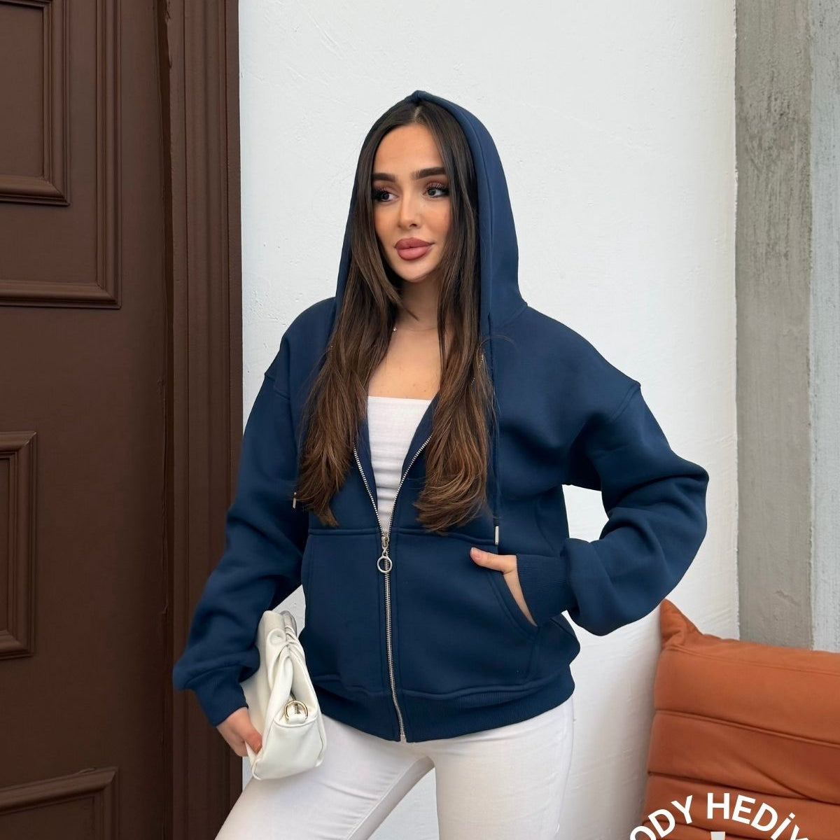 Kadın Kapüşonlu Bağcıklı Sweatshirt Fermuarlı 3 İplik Şardonlu Rahat Kesim