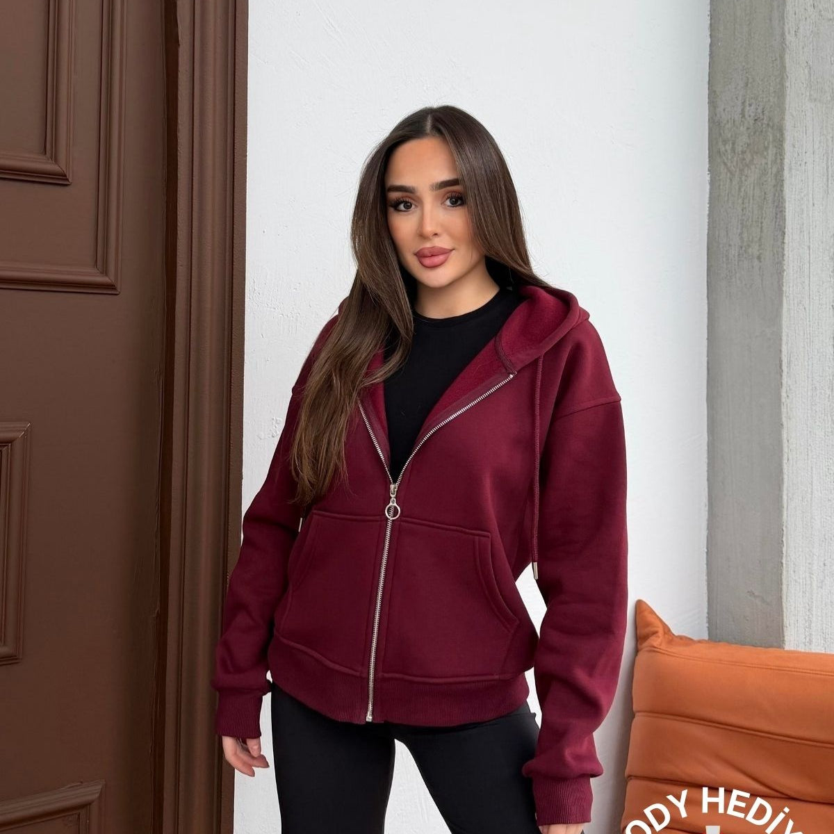 Kadın Kapüşonlu Bağcıklı Sweatshirt Fermuarlı 3 İplik Şardonlu Rahat Kesim