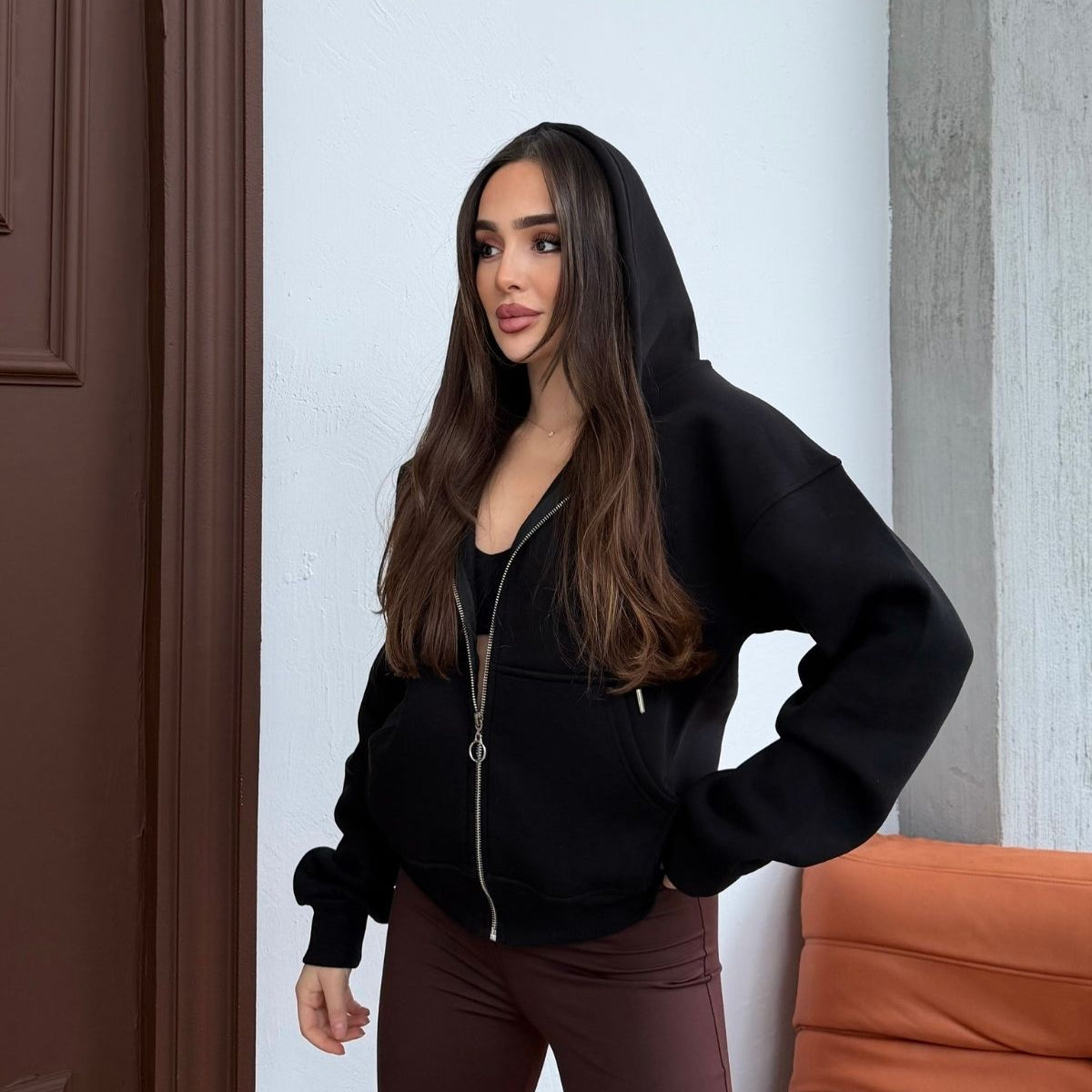 Kadın Kapüşonlu Bağcıklı Sweatshirt Fermuarlı 3 İplik Şardonlu Rahat Kesim