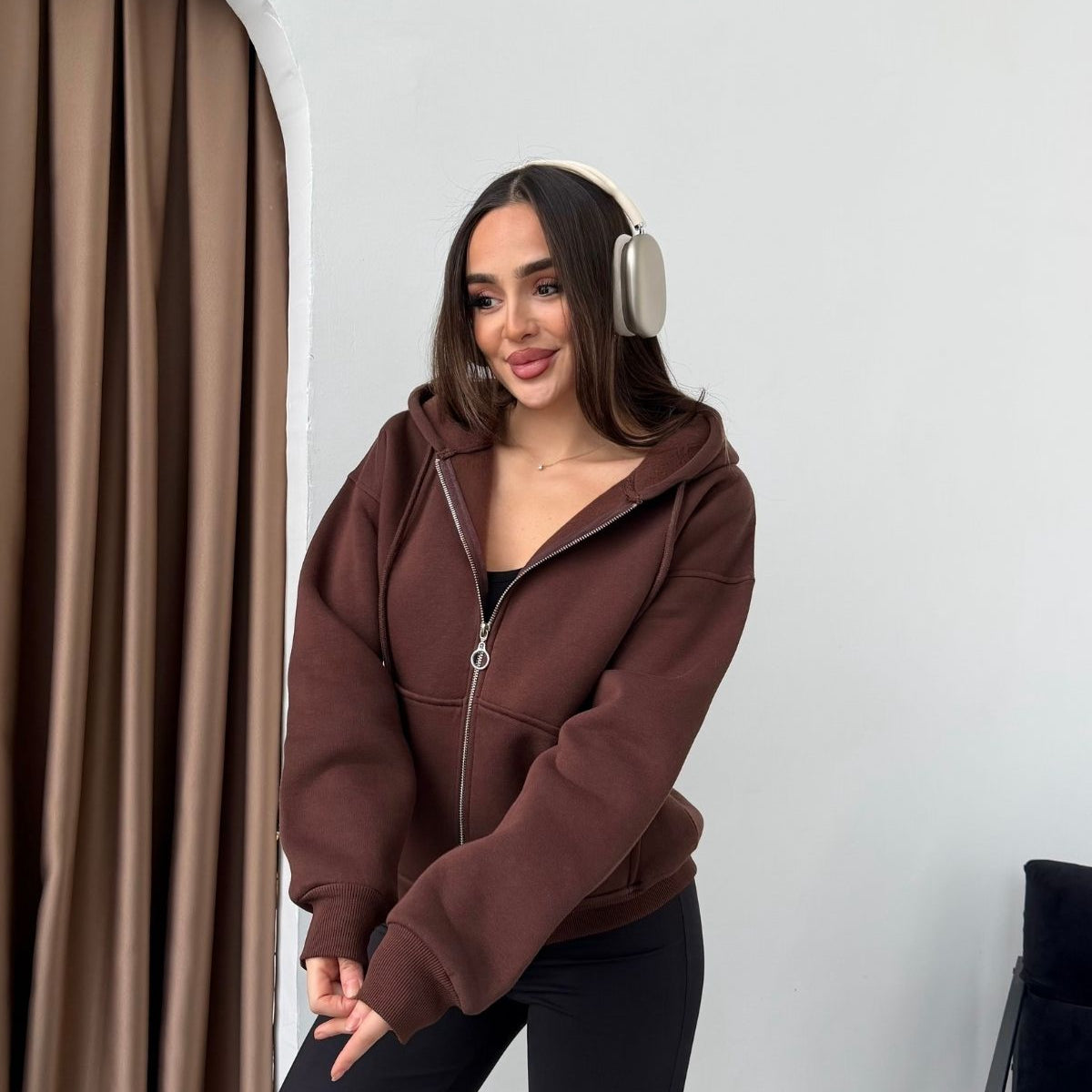 Kadın Kapüşonlu Bağcıklı Sweatshirt Fermuarlı 3 İplik Şardonlu Rahat Kesim