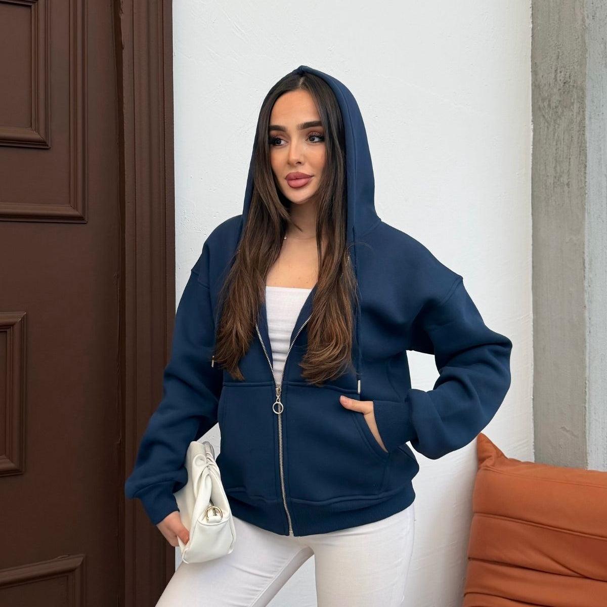 Kadın Kapüşonlu Bağcıklı Sweatshirt Fermuarlı 3 İplik Şardonlu Rahat Kesim