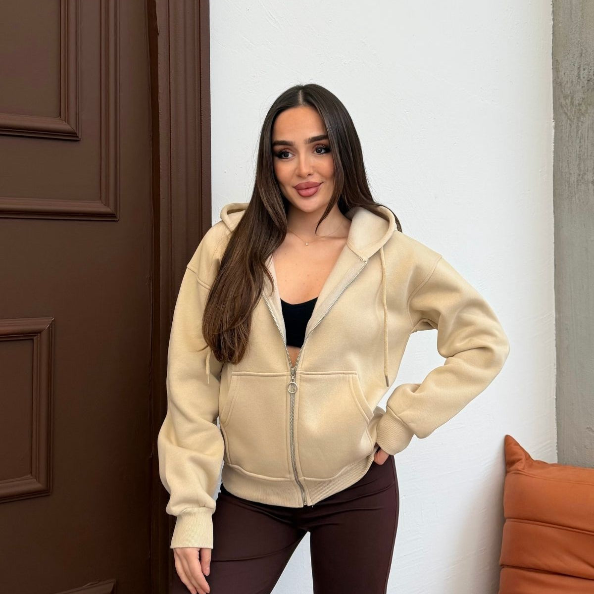 Kadın Kapüşonlu Bağcıklı Sweatshirt Fermuarlı 3 İplik Şardonlu Rahat Kesim