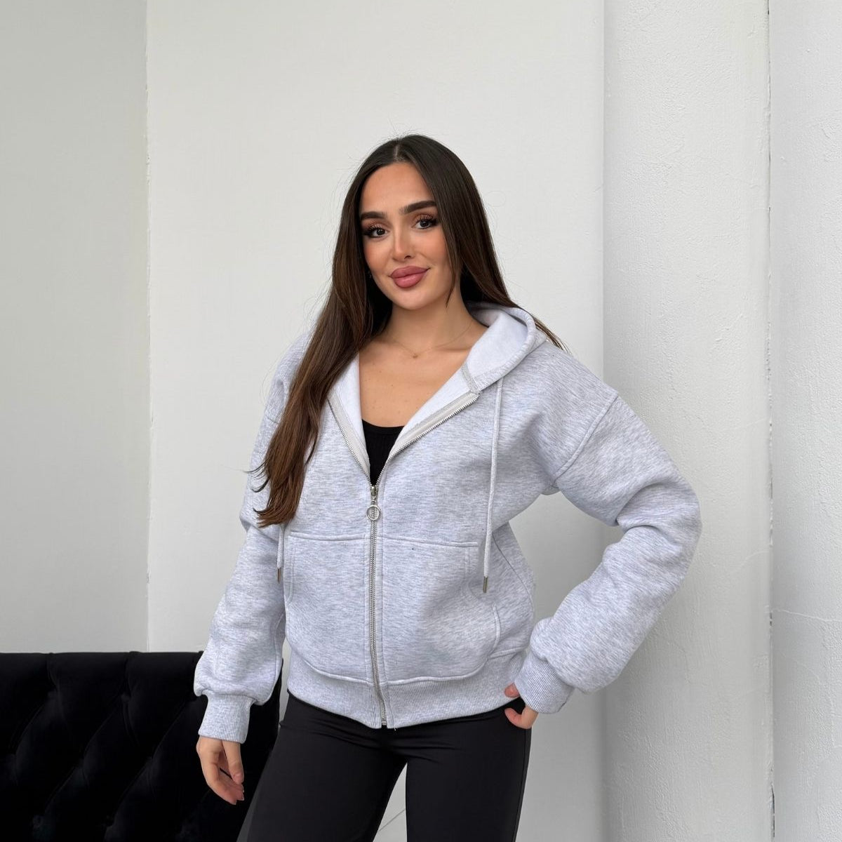 Kadın Kapüşonlu Bağcıklı Sweatshirt Fermuarlı 3 İplik Şardonlu Rahat Kesim
