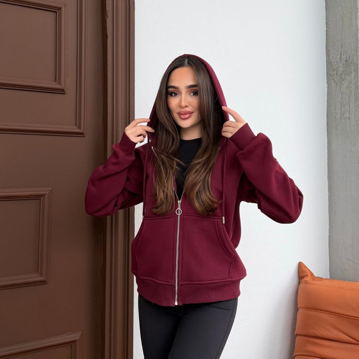 Kadın Kapüşonlu Bağcıklı Sweatshirt Fermuarlı 3 İplik Şardonlu Rahat Kesim