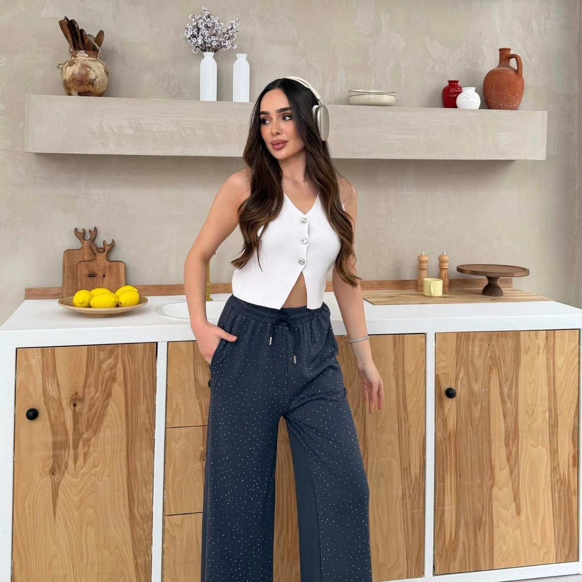 Kadın Taşlı Bol Paça Modal Kumaş Eşofman Altı