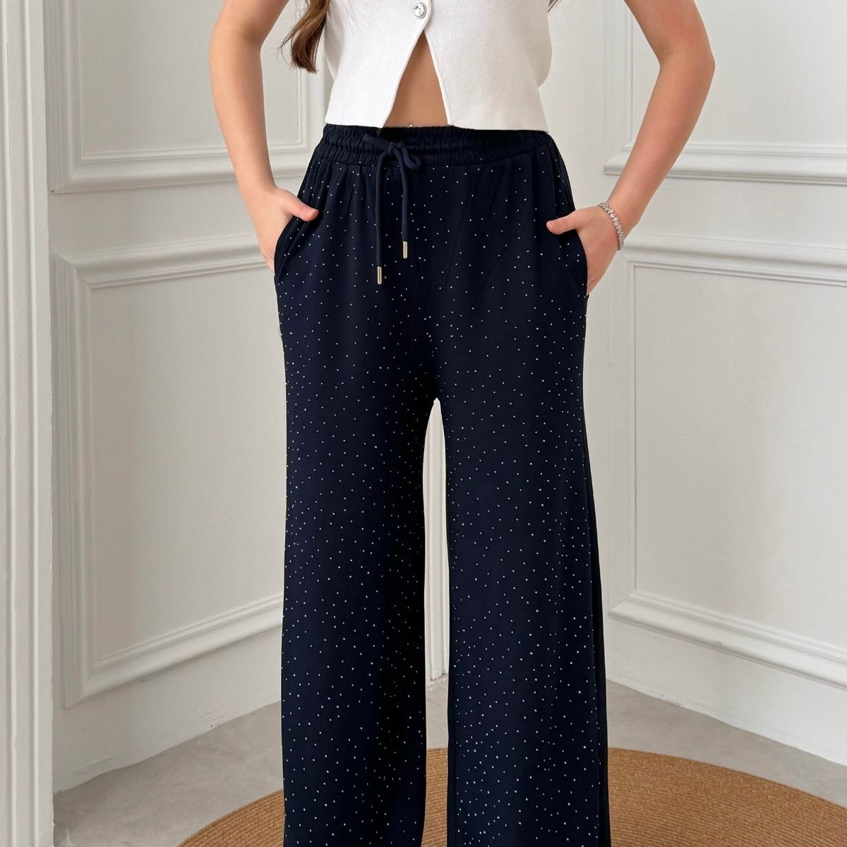 Kadın Taşlı Bol Paça Modal Kumaş Eşofman Altı