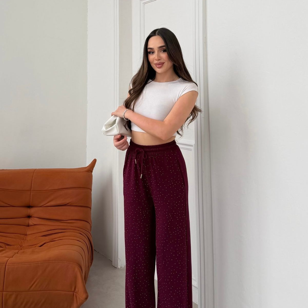 Kadın Taşlı Bol Paça Modal Kumaş Eşofman Altı