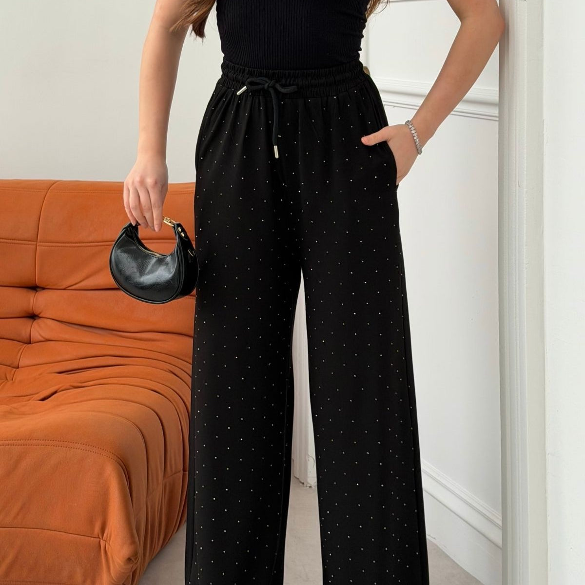 Kadın Taşlı Bol Paça Modal Kumaş Eşofman Altı