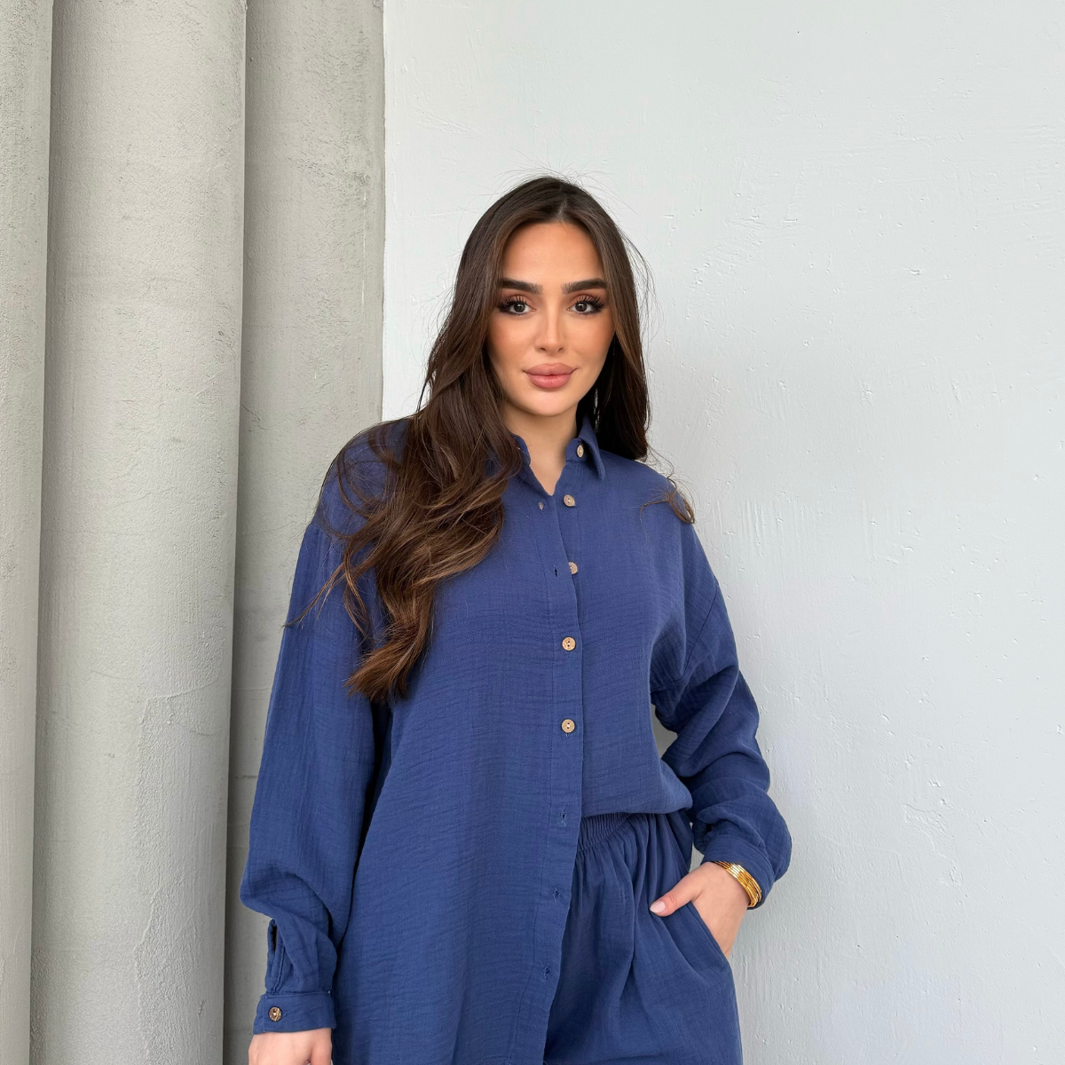 Mavi Desenli Dokuma Bağlamalı Bluz Pantolon 2'li Takım