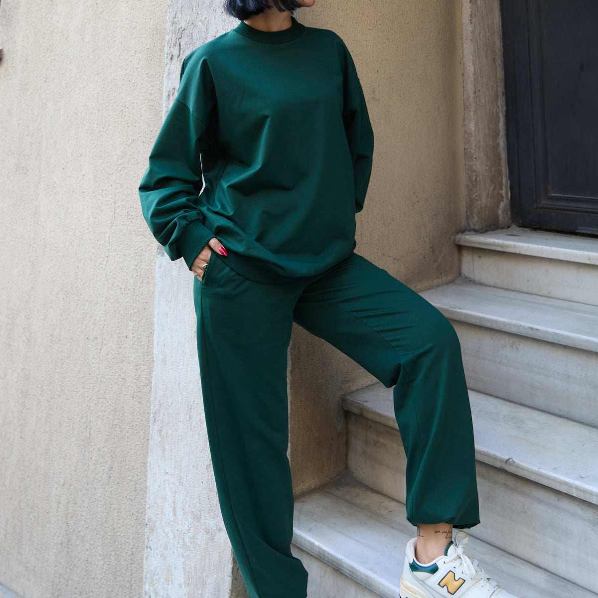 Regular Fit 2'li Takım Sweatshirt Beli Lastikli Jogger Siyah Eşofman Altı