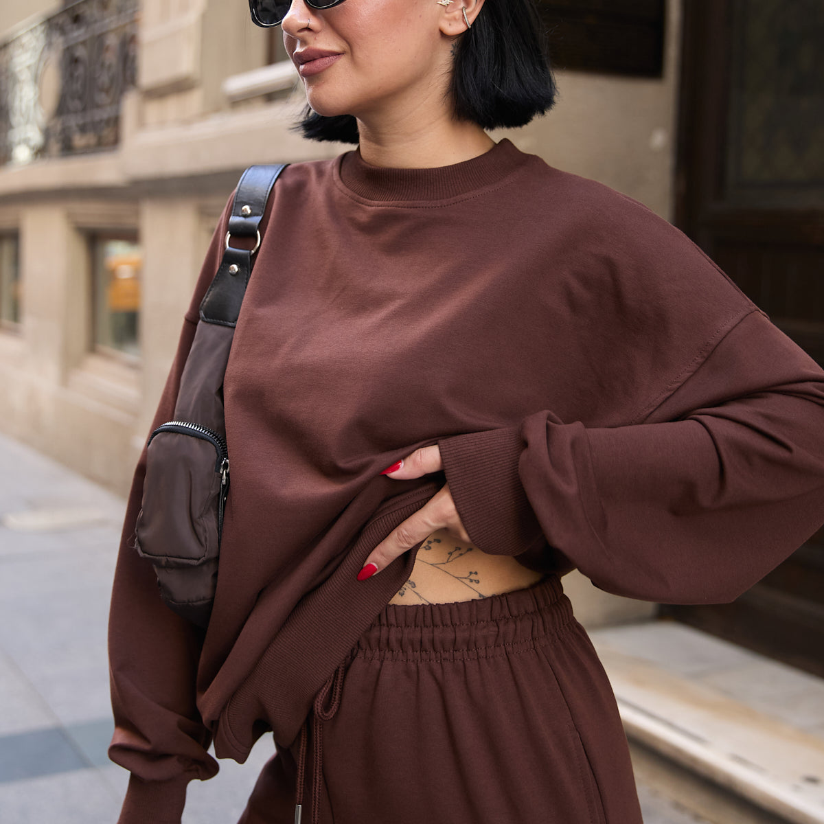 Regular Fit 2'li Takım Sweatshirt Beli Lastikli Jogger Siyah Eşofman Altı