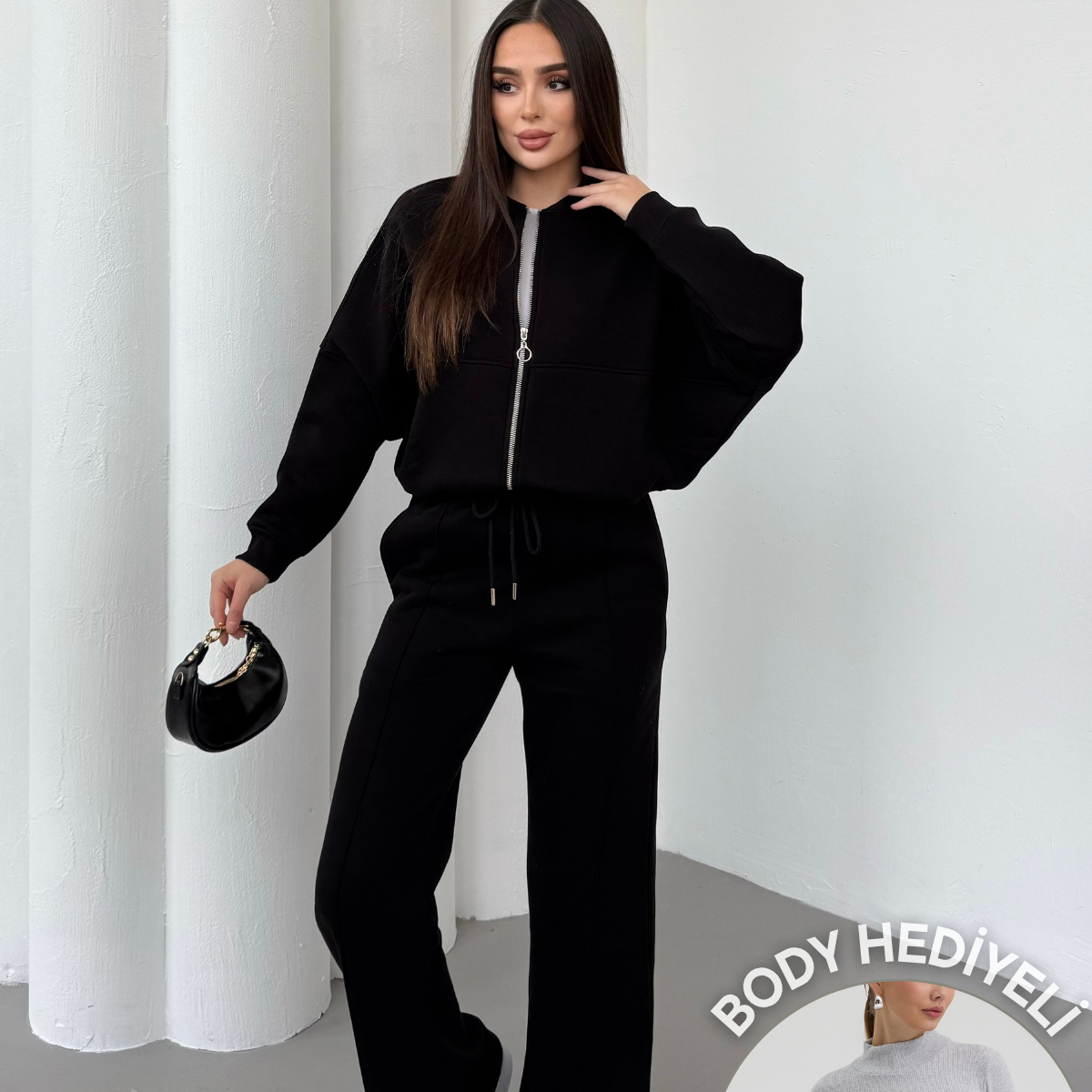 Kadın Şardonlu Fermuar Detaylı Üç Iplik Kışlık Eşofman Takımı