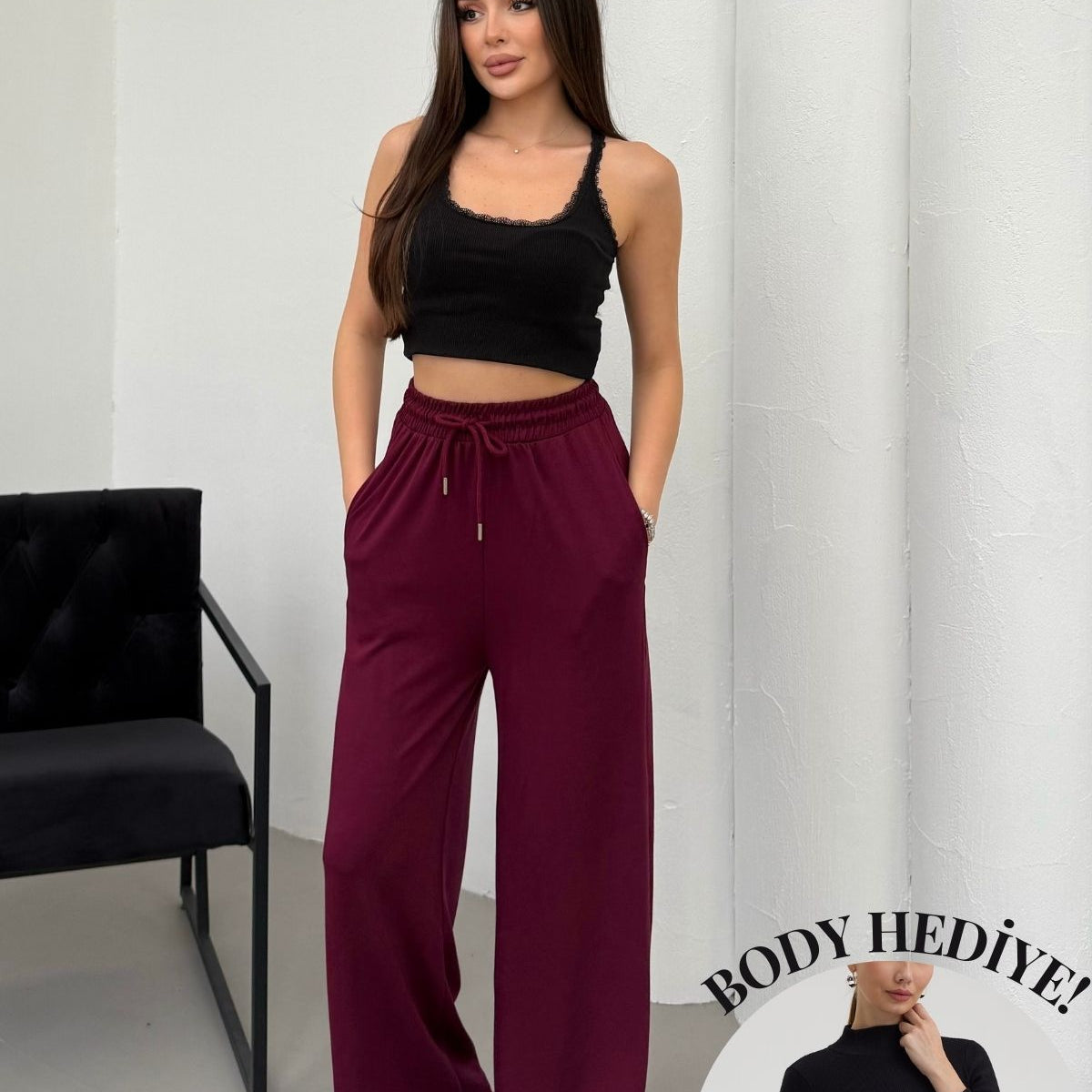 Yüksek Bel Cepli Rahat Form Modal Touch Geniş Paça Kadın Eşofman Alt