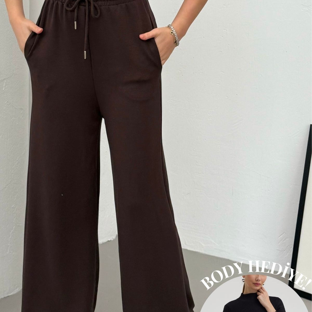 Yüksek Bel Cepli Rahat Form Modal Touch Geniş Paça Kadın Eşofman Alt