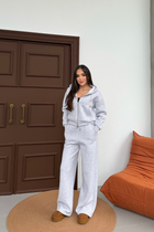 Kadın Çift Fermuar Detaylı Kapüşonlu Kışlık Şardonlu Oversize Eşofman Takımı