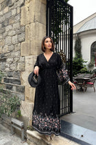 Anvelop Yaka Desenli Yazlık Viskon Elbise Siyah Desenli