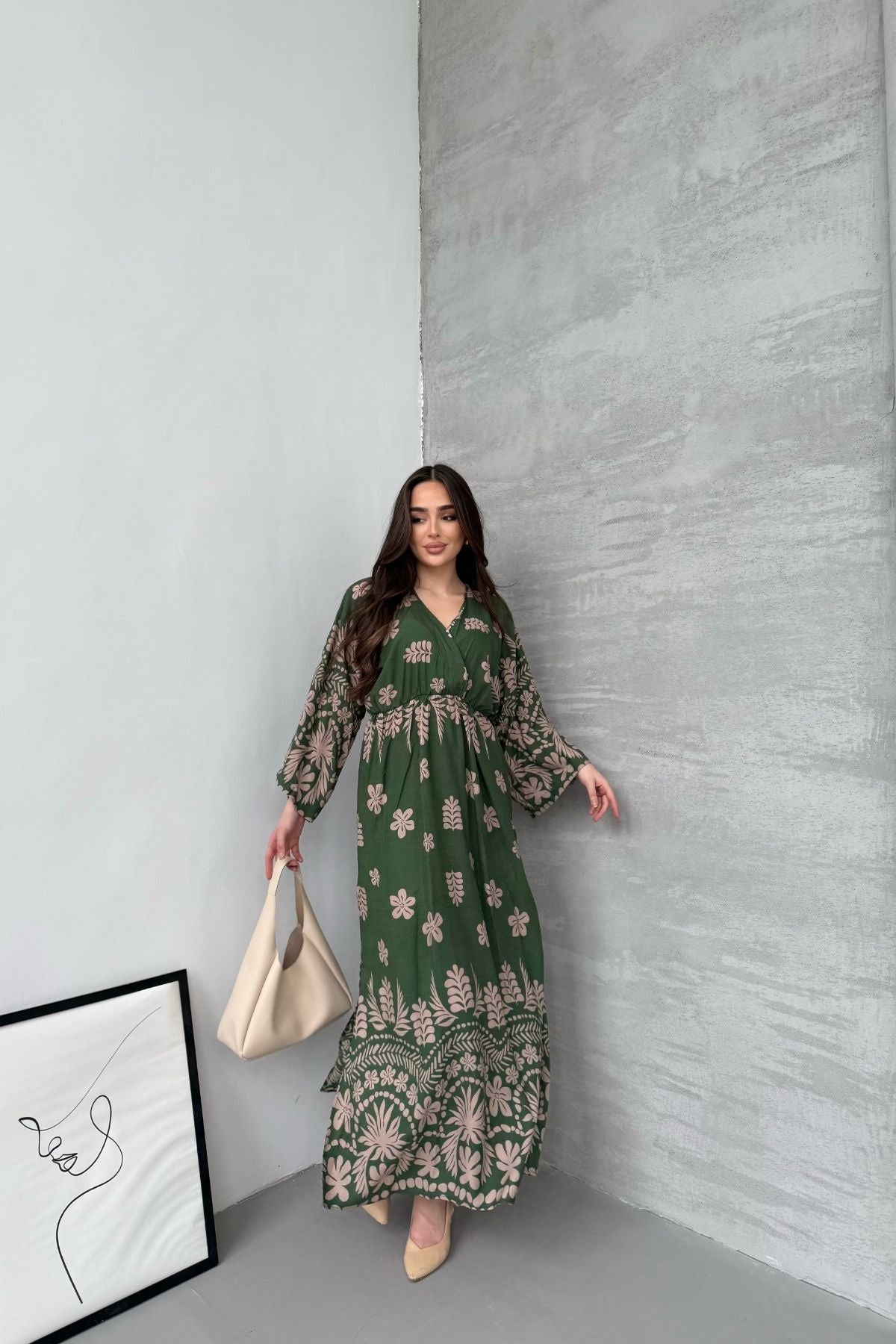 Çiçek Desenli Yeşil Uzun Kollu Elbise